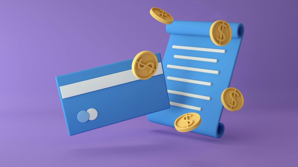 Digital Art of a Contract, a Credit Card and Coins illustrate how Maintenance Packages boost Accounts Receivable and profitability for web designers.